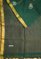 Thoolika - Pure 120 count Organic linen saree with tulip weaving in gold and silver - Fresh Green color