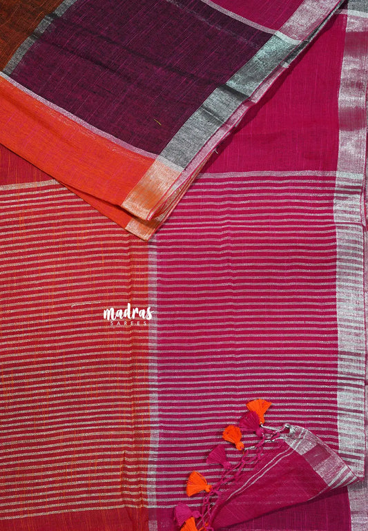 Orange and pink Multicolor - Organic linen big checks with small border