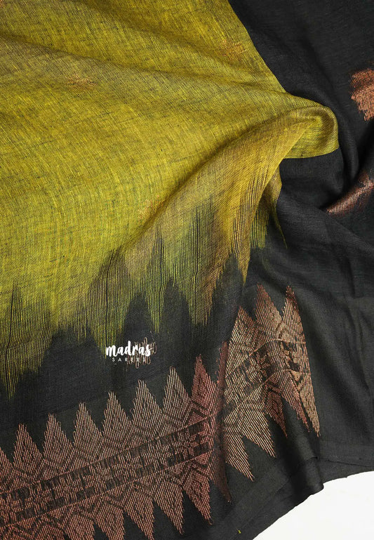 Organic linen with Jamdani weaving - Mehendi green body black pallu and blouse