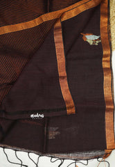 Azhagi - Pure 120 count Organic linen saree with tulip weaving in gold and silver - Brown color