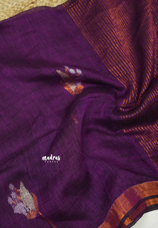 Thoolika - Pure 120 count Organic linen saree with tulip weaving in gold and silver - Purple color