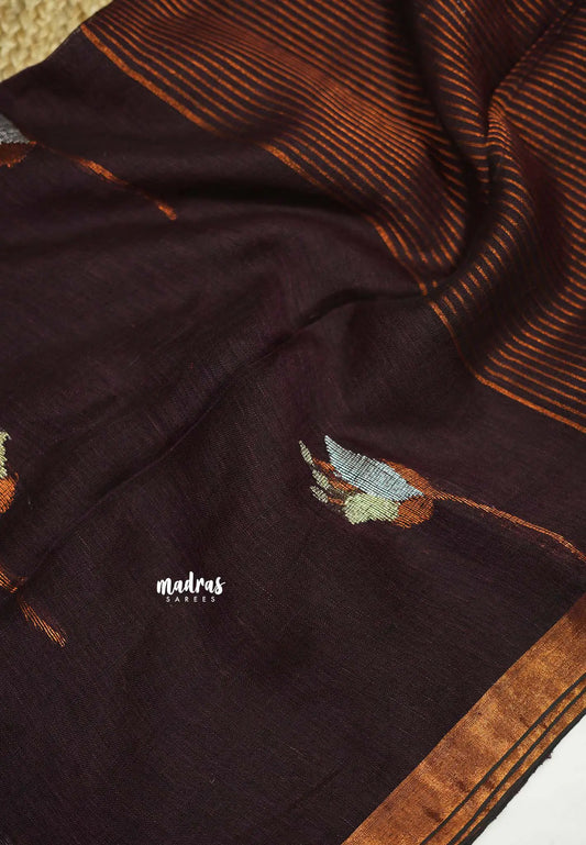 Azhagi - Pure 120 count Organic linen saree with tulip weaving in gold and silver - Brown color