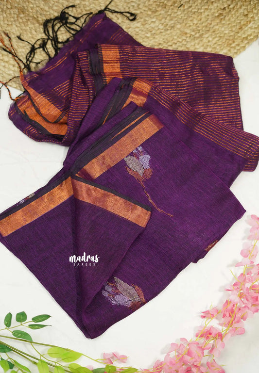 Thoolika - Pure 120 count Organic linen saree with tulip weaving in gold and silver - Purple color