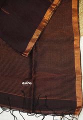 Azhagi - Pure 120 count Organic linen saree with tulip weaving in gold and silver - Brown color