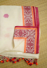 Organic linen handwoven pearl white body with pink and orange hand weaving buttas