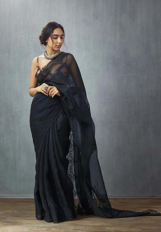 Shreya - Organza saree with silk thread embroidery Black