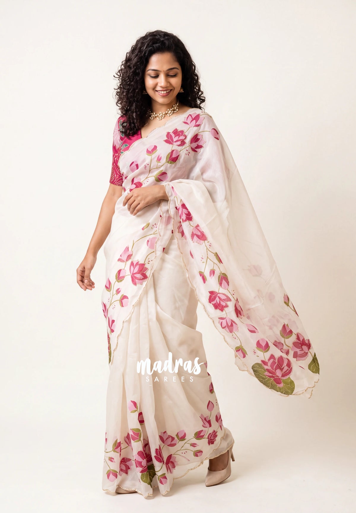 Ivory Cream - Soft Organza Silk with Tube Beads Pink Lotus Floral Zardosi Work with Scallop - Best for wedding Reception