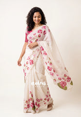 Ivory Cream - Soft Organza Silk with Tube Beads Pink Lotus Floral Zardosi Work with Scallop - Best for wedding Reception