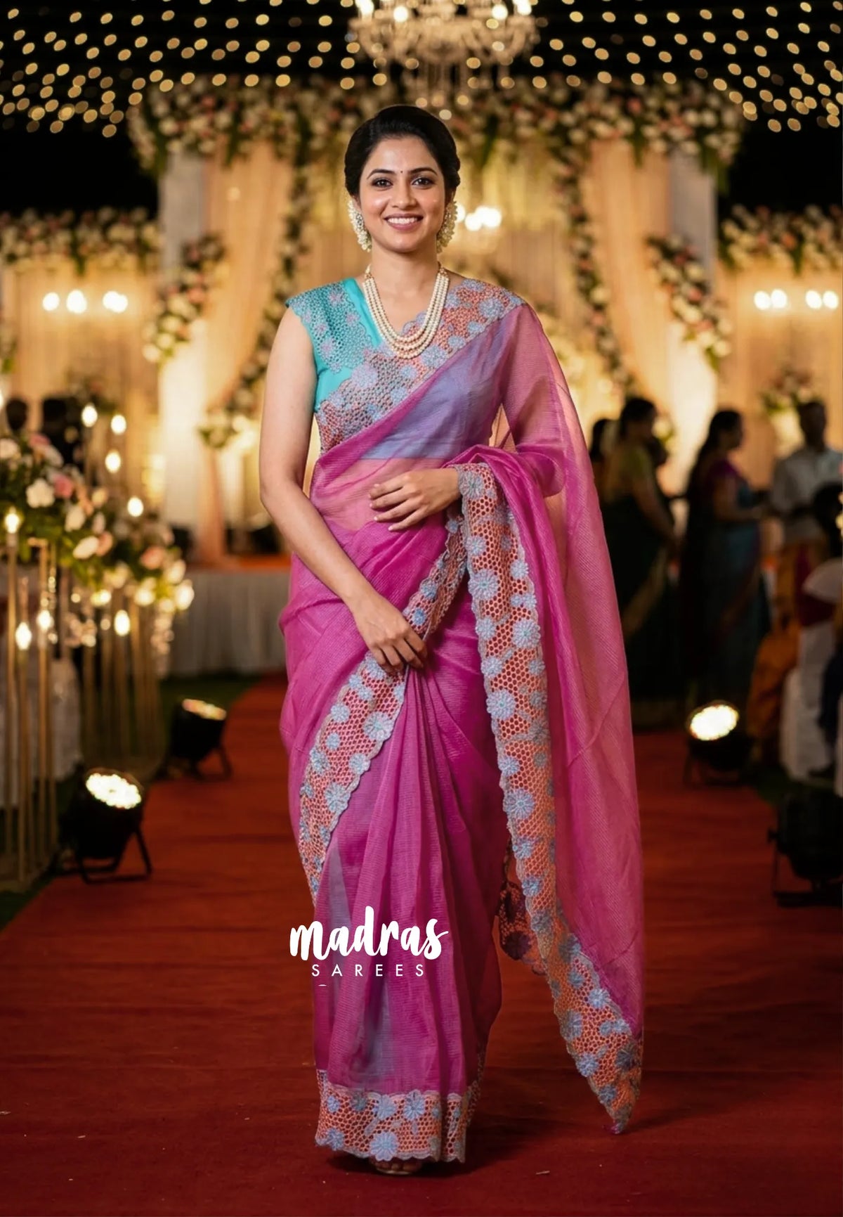 Rose Pink - Soft Organza Silk with Full Handmade Cutwork Border - Best for Party Wear