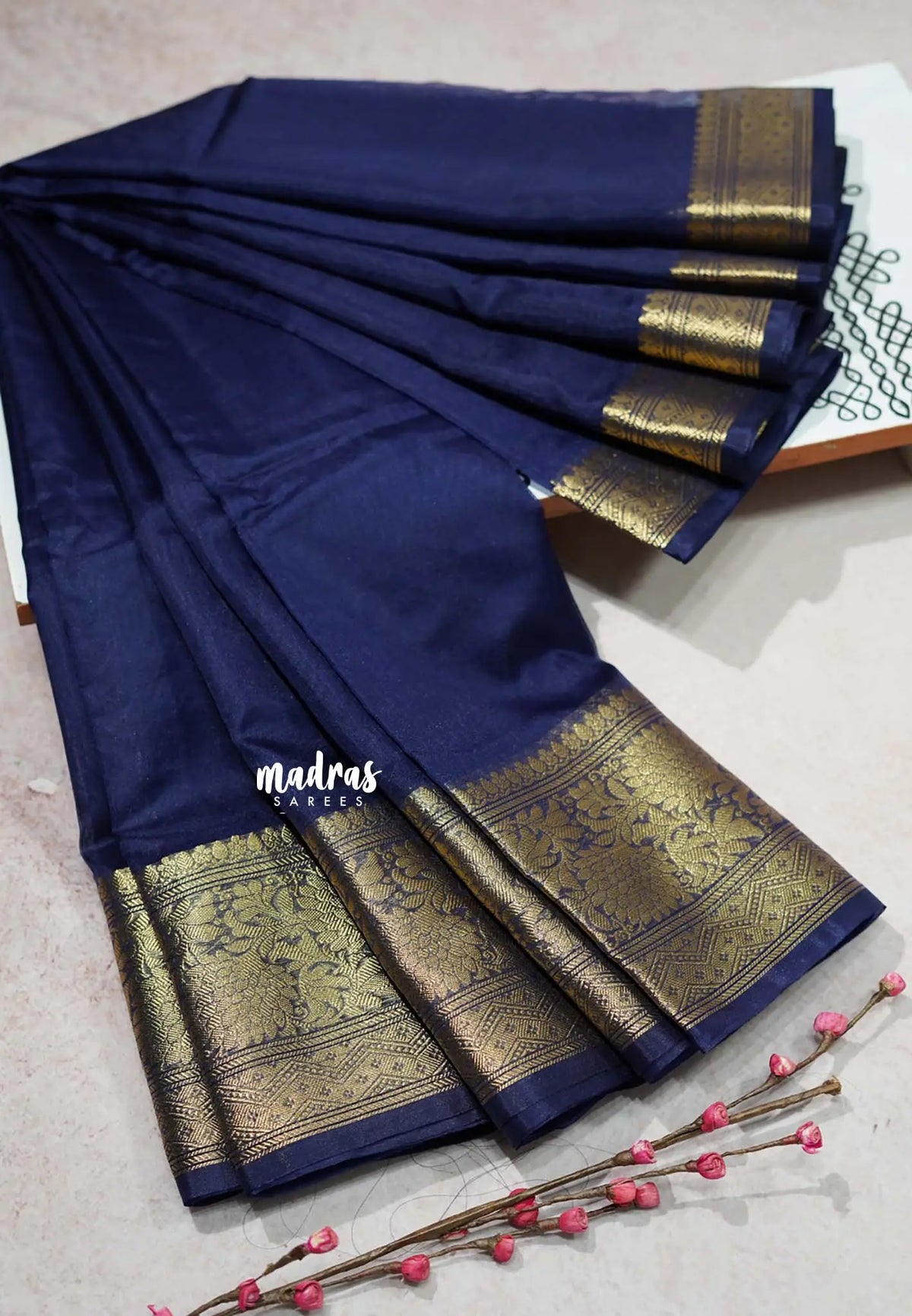 Midnight Blue  - Soft Organza silk with zari border
