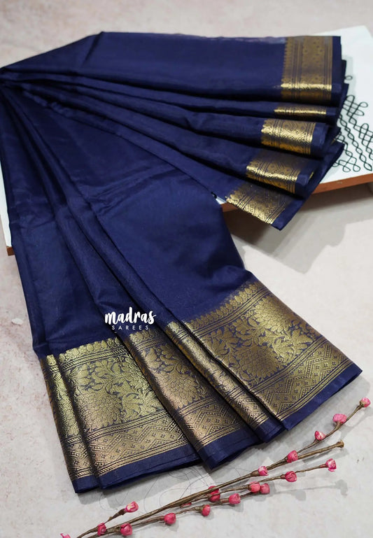 Midnight Blue  - Soft Organza silk with zari border