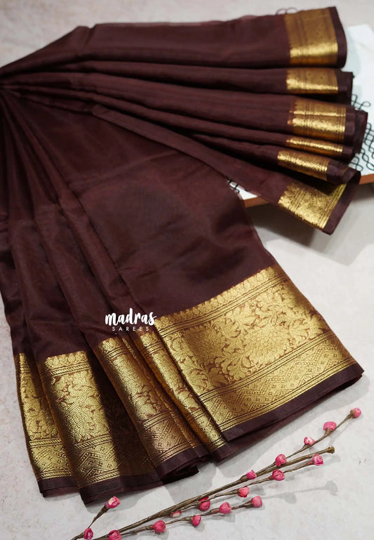 Coffee Brown  - Soft Organza silk with zari border