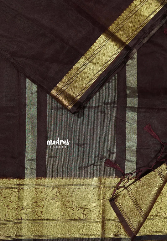 Coffee Brown  - Soft Organza silk with zari border
