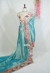 Muted Teal Blue - Premium Organza Silk Saree with Big Lace Embroidery Border - Best for Engagements / Haldi / Reception / Party Wear