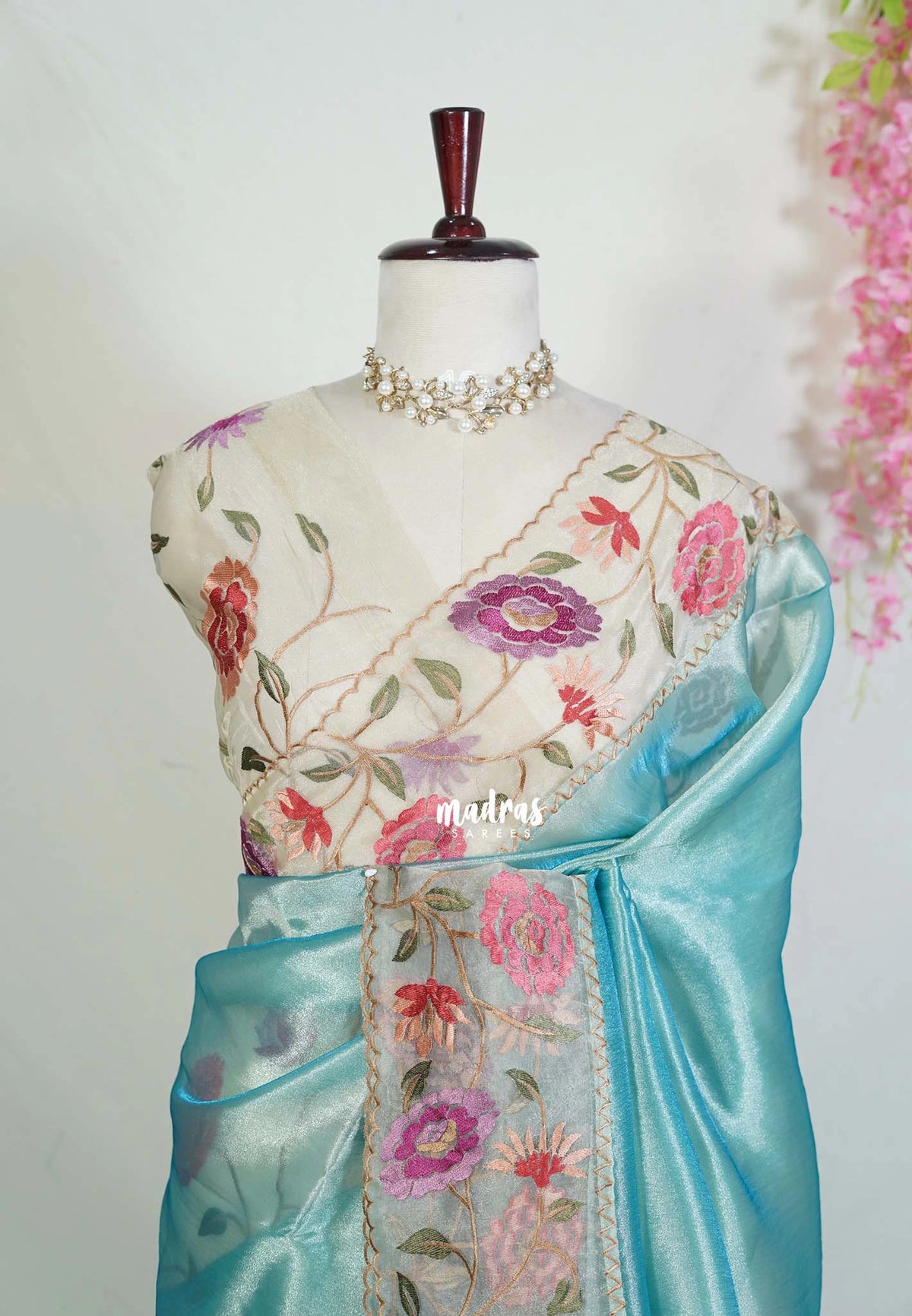 Muted Teal Blue - Premium Organza Silk Saree with Big Lace Embroidery Border - Best for Engagements / Haldi / Reception / Party Wear