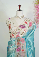 Muted Teal Blue - Premium Organza Silk Saree with Big Lace Embroidery Border - Best for Engagements / Haldi / Reception / Party Wear