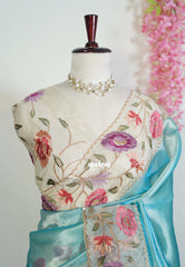 Muted Teal Blue - Premium Organza Silk Saree with Big Lace Embroidery Border - Best for Engagements / Haldi / Reception / Party Wear
