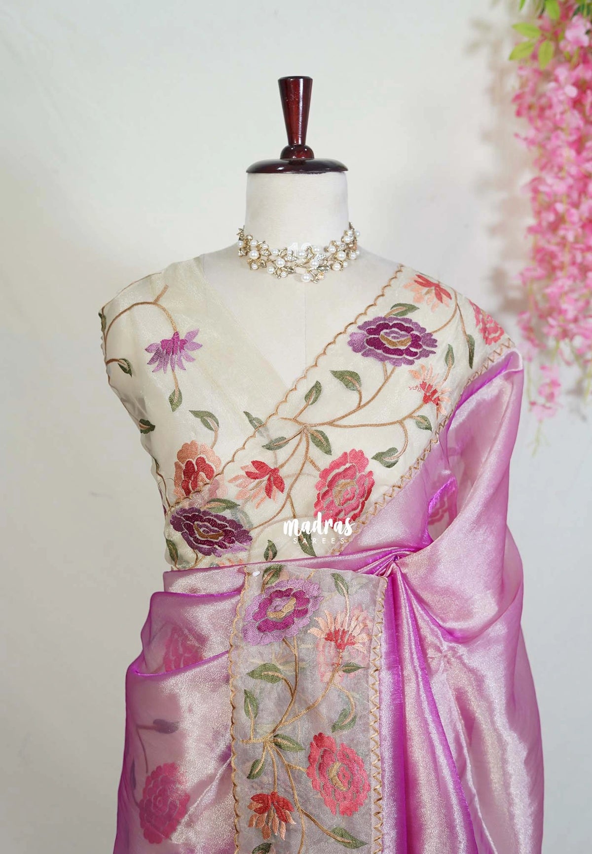 Magenta Mist - Premium Organza Silk Saree with Big Lace Embroidery Border - Best for Engagements / Haldi / Reception / Party Wear