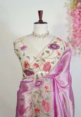 Magenta Mist - Premium Organza Silk Saree with Big Lace Embroidery Border - Best for Engagements / Haldi / Reception / Party Wear