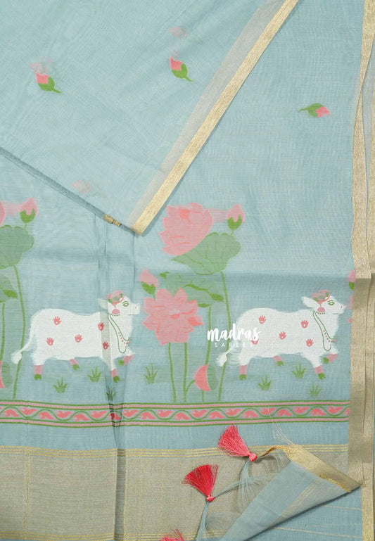 Grey - Soft Organza silk with pichwai weaving saree and small tissue border