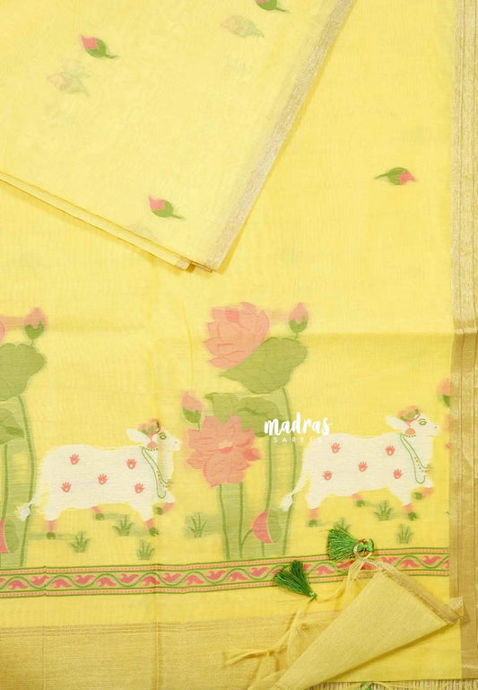 Pastel yellow - Soft Organza silk with pichwai weaving saree and small tissue border
