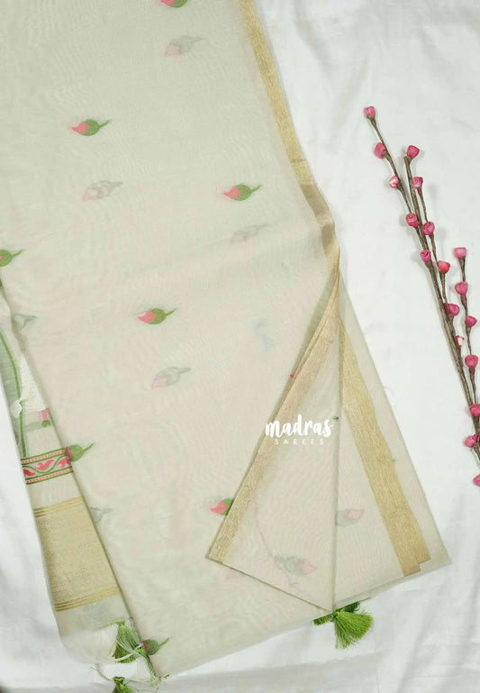 Pale Grey - Soft Organza silk with pichwai weaving saree and small tissue border