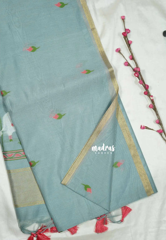 Grey - Soft Organza silk with pichwai weaving saree and small tissue border