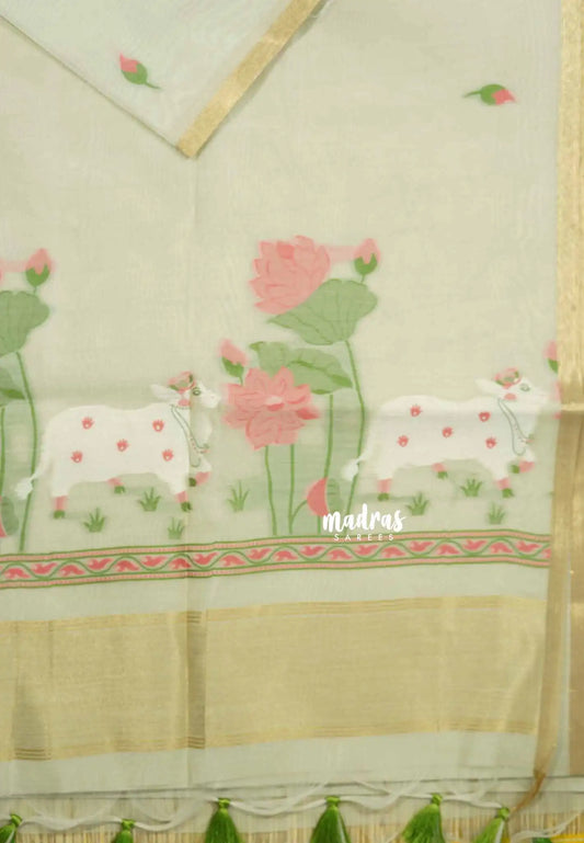 Pale Grey - Soft Organza silk with pichwai weaving saree and small tissue border
