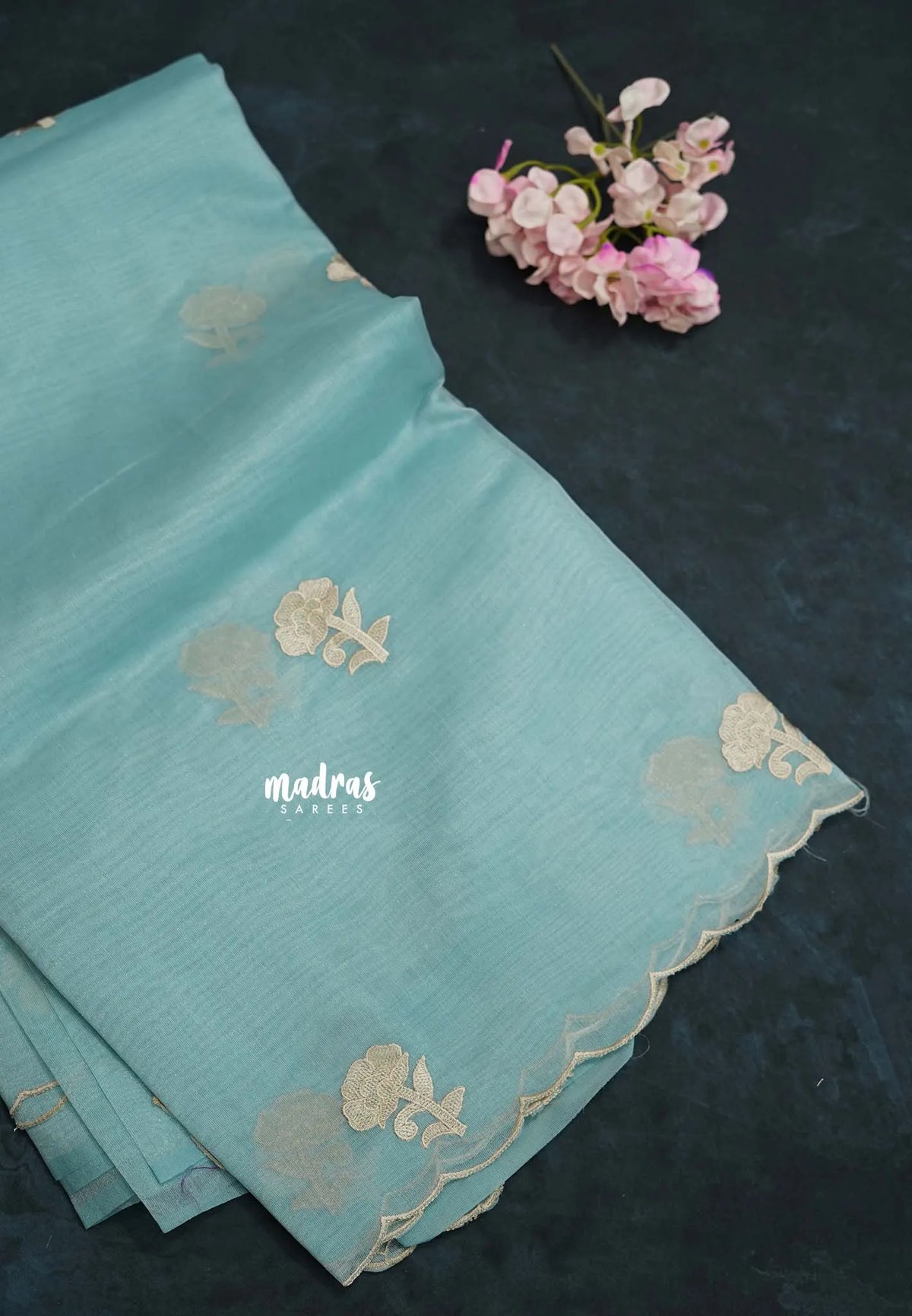 Pastel Blue - Organza Silk with Small Rose Embroidery - Best for Engagements / Haldi / Reception