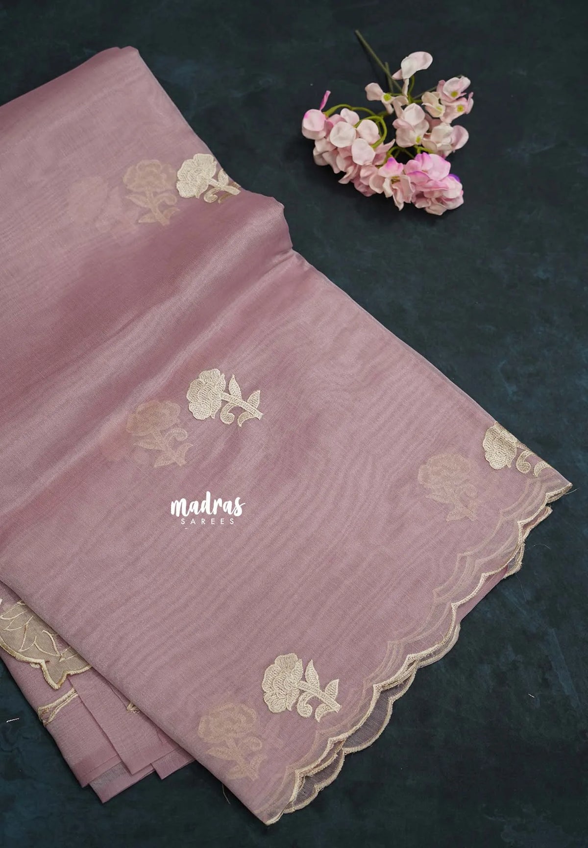 Onion Pink - Organza Silk with Small Rose Embroidery - Best for Engagements / Haldi / Reception