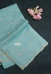 Pastel Blue - Organza Silk with Small Floral Embroidery - Best for Engagements / Haldi / Reception