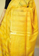 Mustard Yellow - Soft Organza silk with stripes weaving with small zari border
