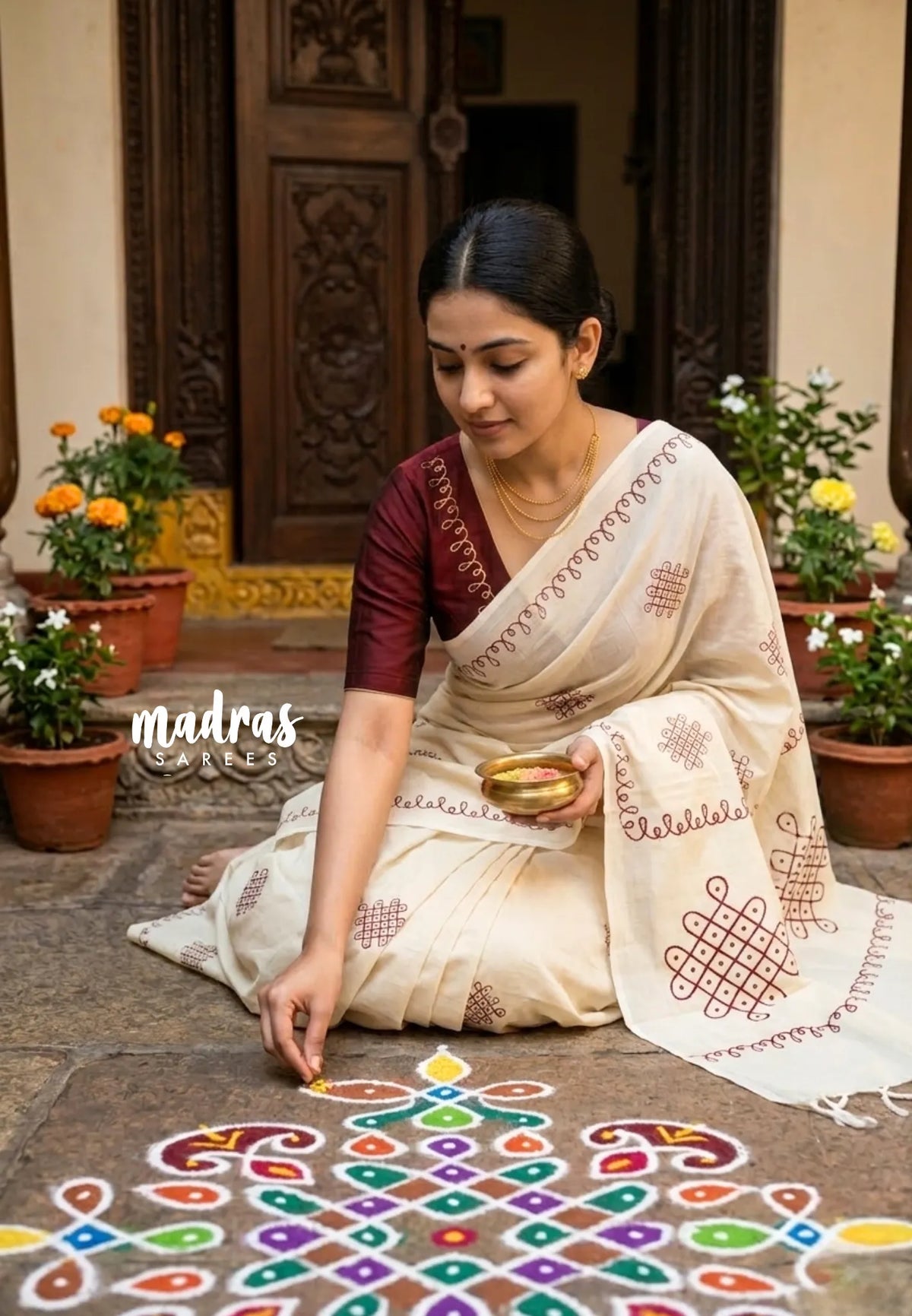 Ivory Beige - Oviyam - Madras Margazhi Special Handblock kolam Printed Bamboo Cotton Double Blouse Combo