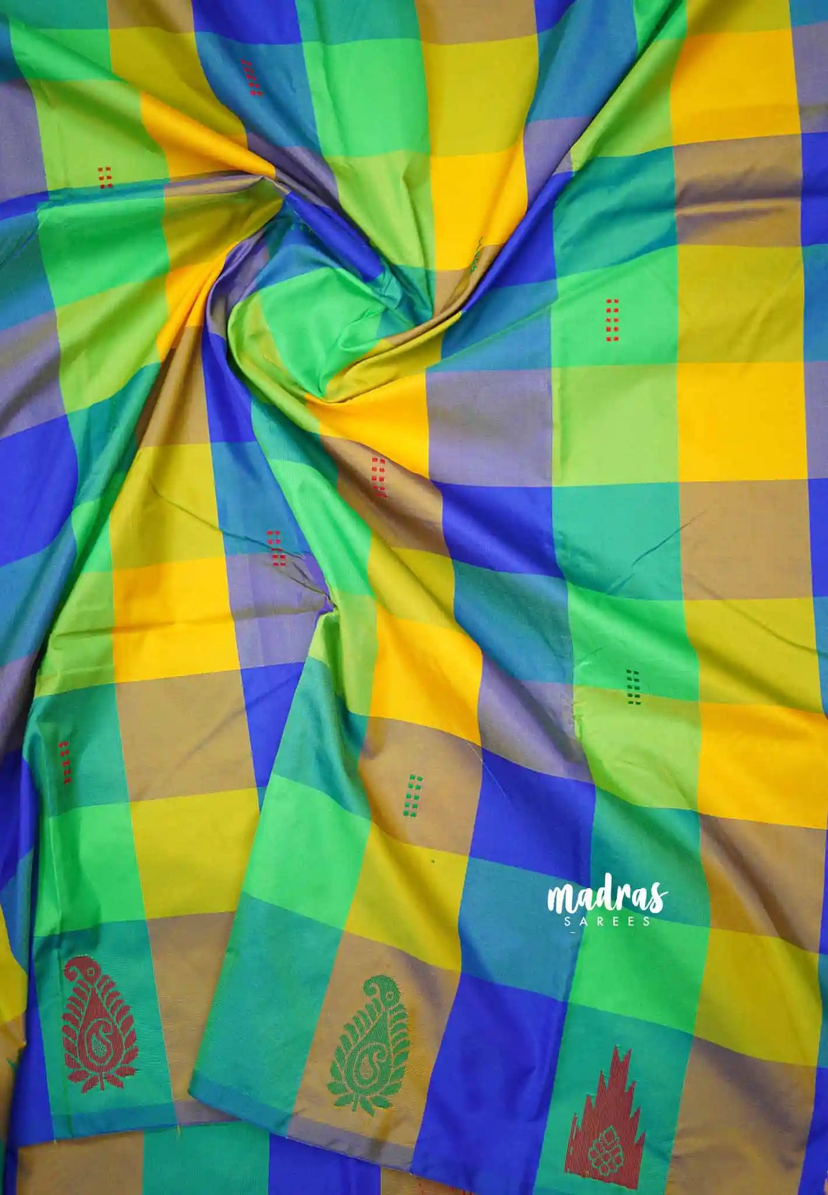 Arani semi silk saree multi colour checks - Paalum Pazhamum blue green kattam