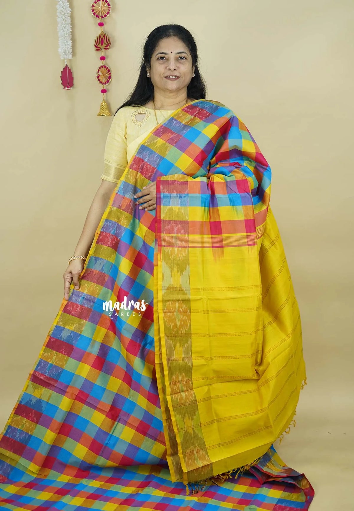Multichecks yellow pallu - Vaibhogam - Silk Cotton with Kattam Body with pochampalli border  - Paalum Pazhamum - Best for functions
