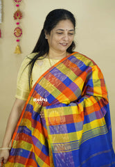 Multichecks Blue pallu - Vaibhogam - Silk Cotton with Kattam Body with pochampalli border  - Paalum Pazhamum - Best for functions