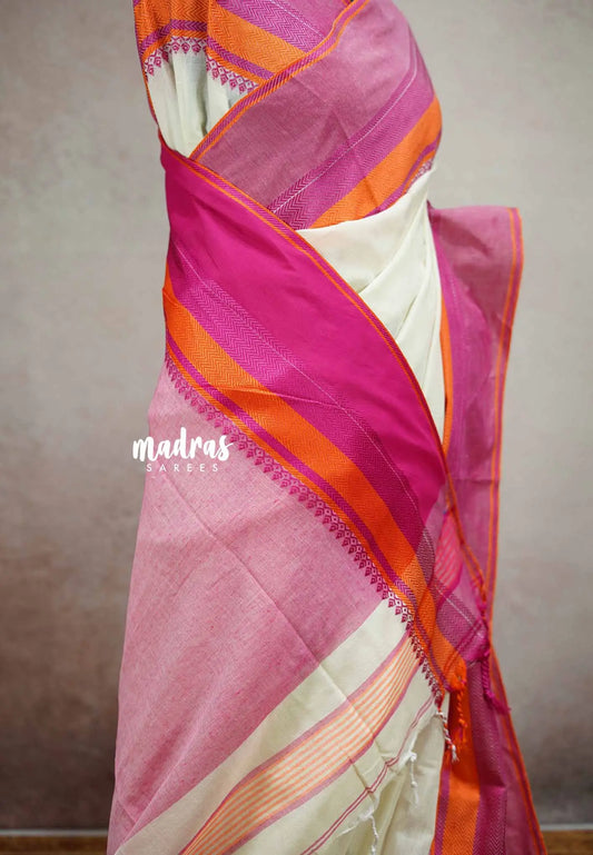 Paavai khadi Big thread border - Pearl white
