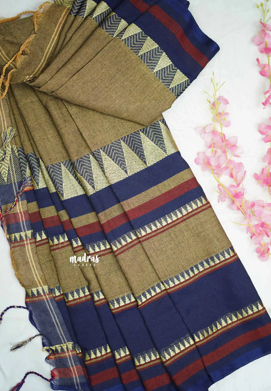 Paavai khadi big border - Khaki brown