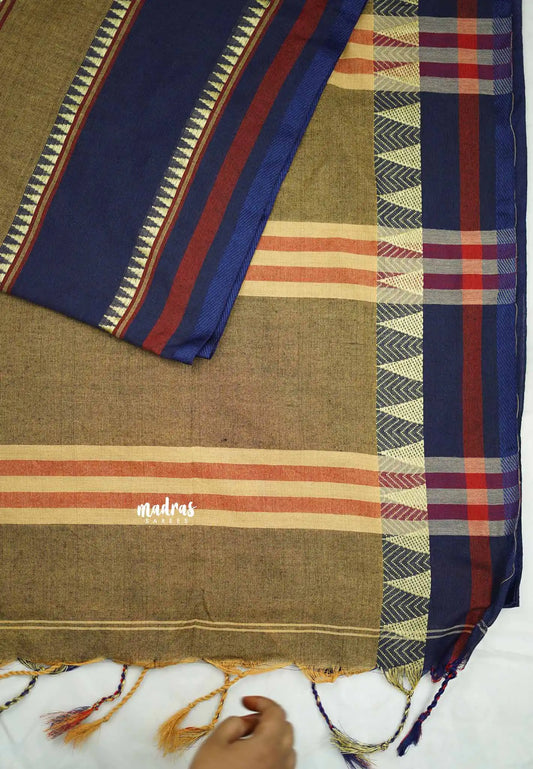 Paavai khadi big border - Khaki brown