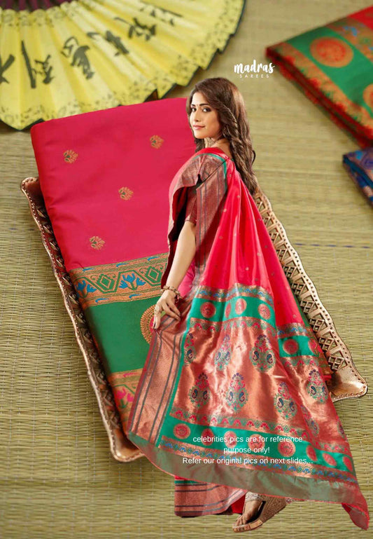 Rich Malai silk with paithani weaving bavanji border - Rani pink