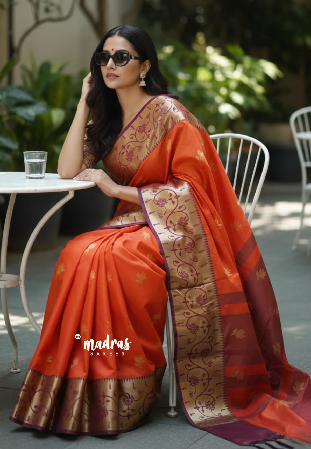 Temple Sunset Orange - Thendral - Kanchi semi silk with paithani border - Perfect for Festive Wear