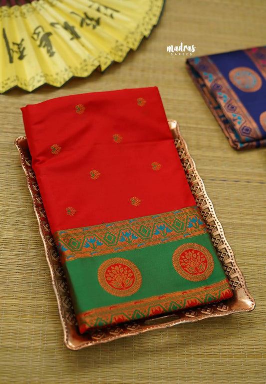 Rich Malai silk with paithani weaving bavanji border - Bright red