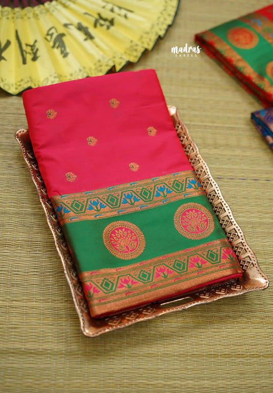 Rich Malai silk with paithani weaving bavanji border - Rani pink