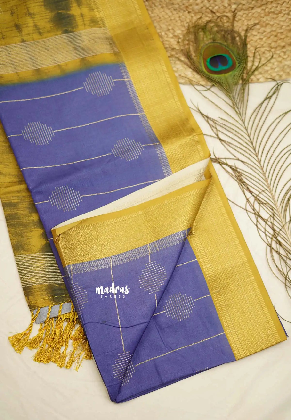 Yamini Paper silk with shibori pallu - Blue with mehendi Green border