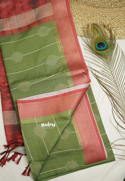 Yamini Paper silk with shibori pallu - Army green with Pink border