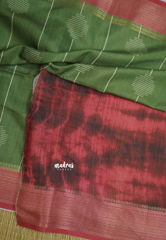 Yamini Paper silk with shibori pallu - Army green with Pink border