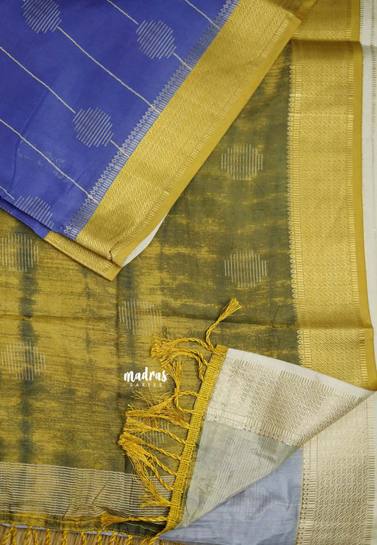 Yamini Paper silk with shibori pallu - Blue with mehendi Green border