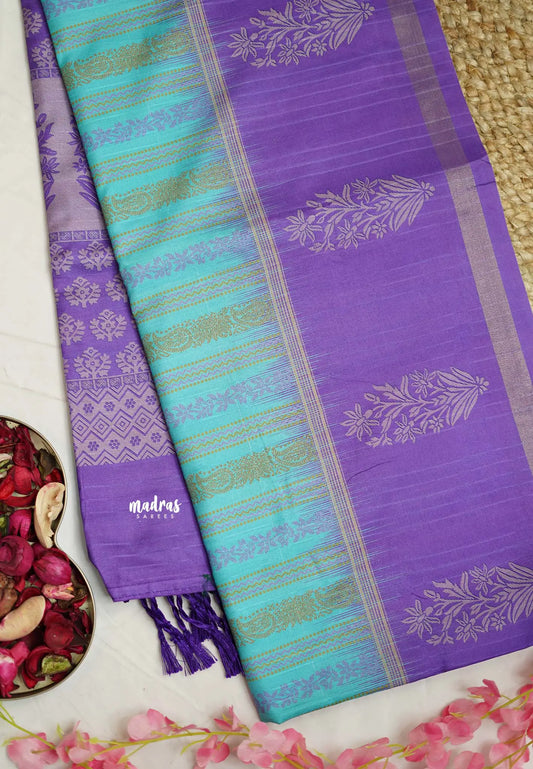 Yamini Paper silk with rettapet border - Blue with purple border