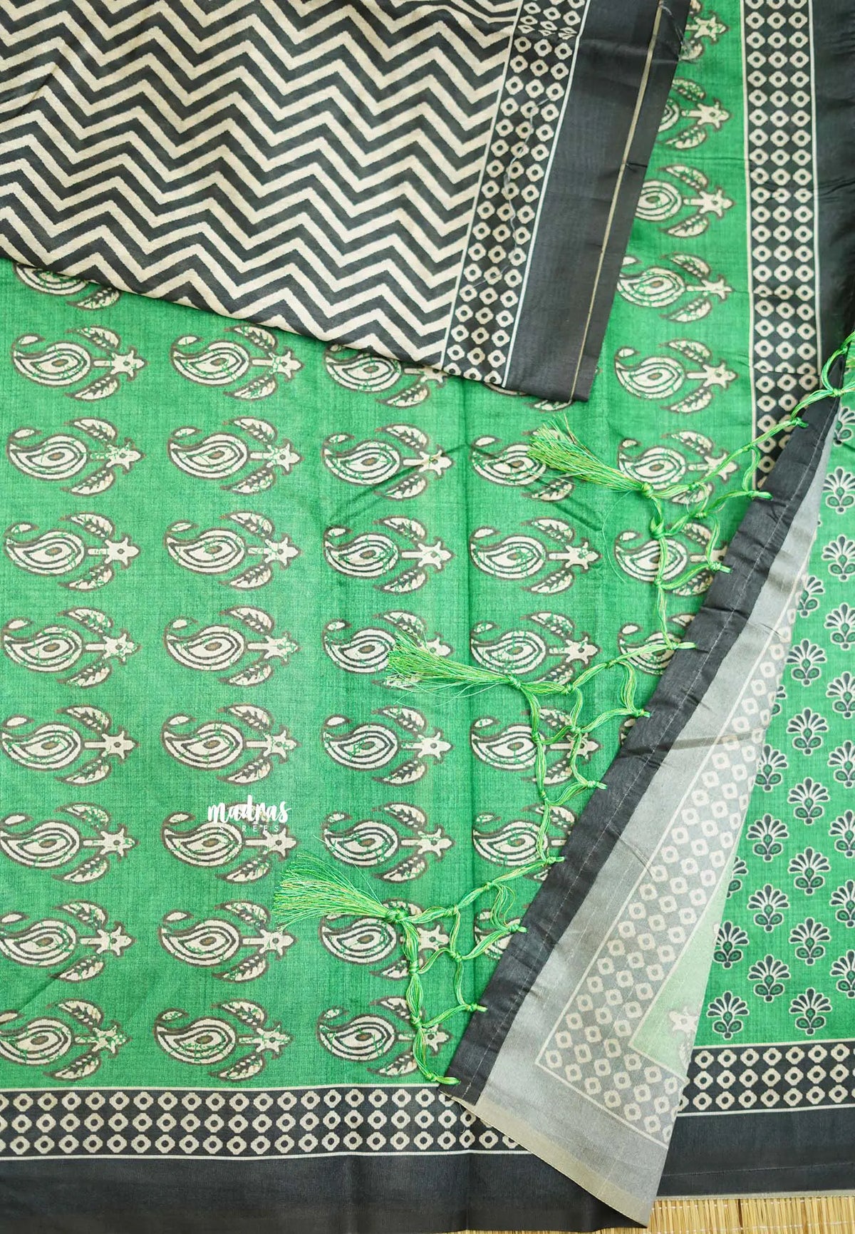 Yamini Paper silk with Ajrakh pallu and blouse - Black with Green