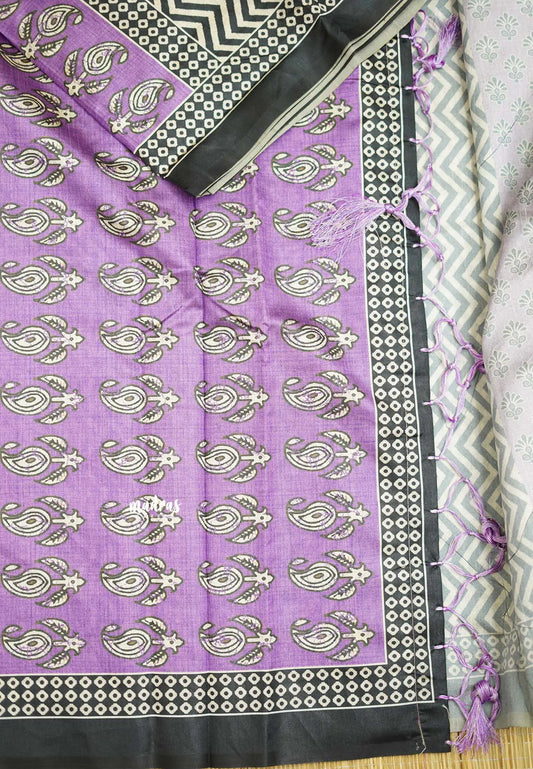 Yamini Paper silk with Ajrakh pallu and blouse - Black with lavender